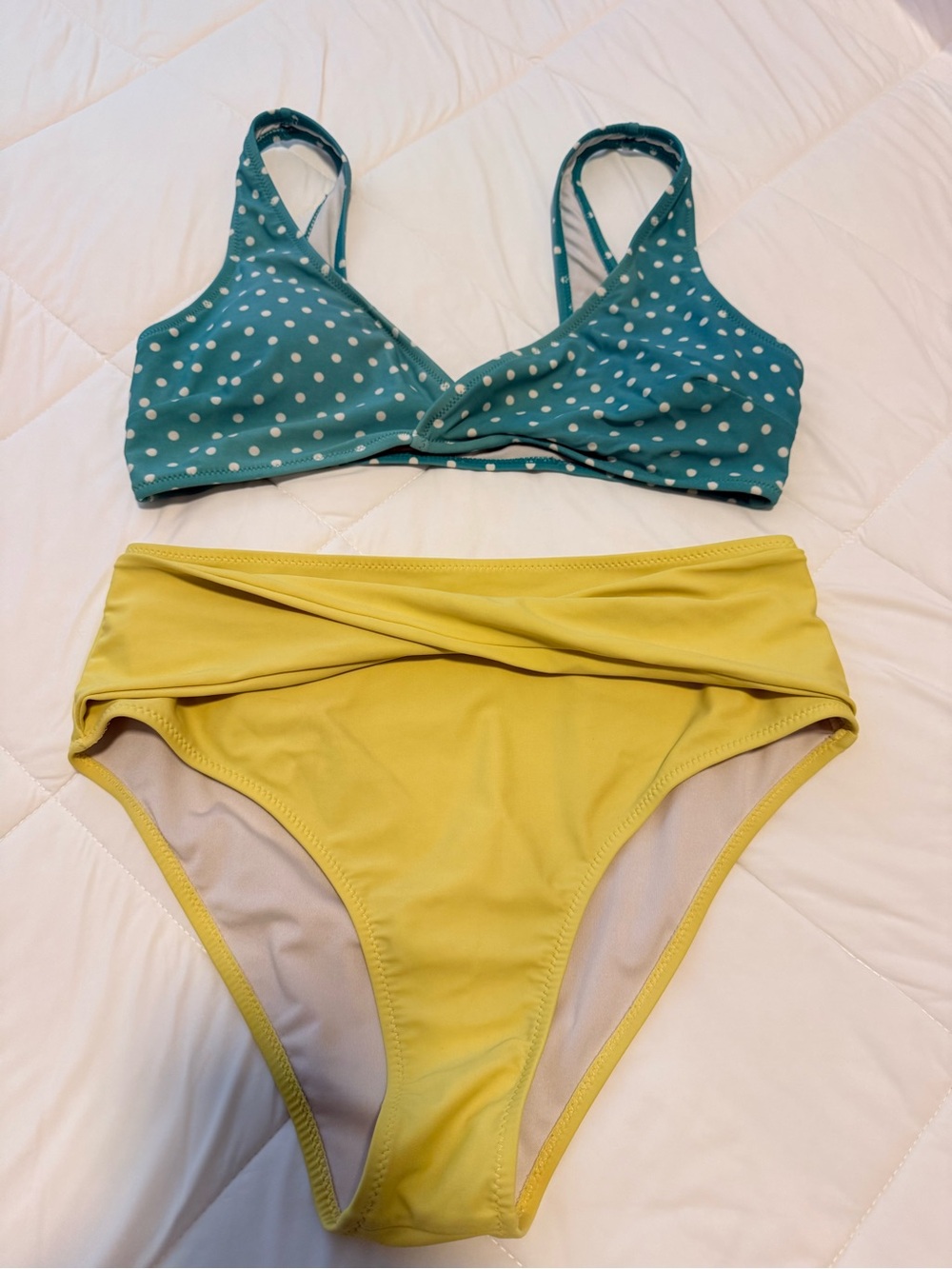 Polka Dot Teal Bikini Top & Yellow High-Waist Bottoms